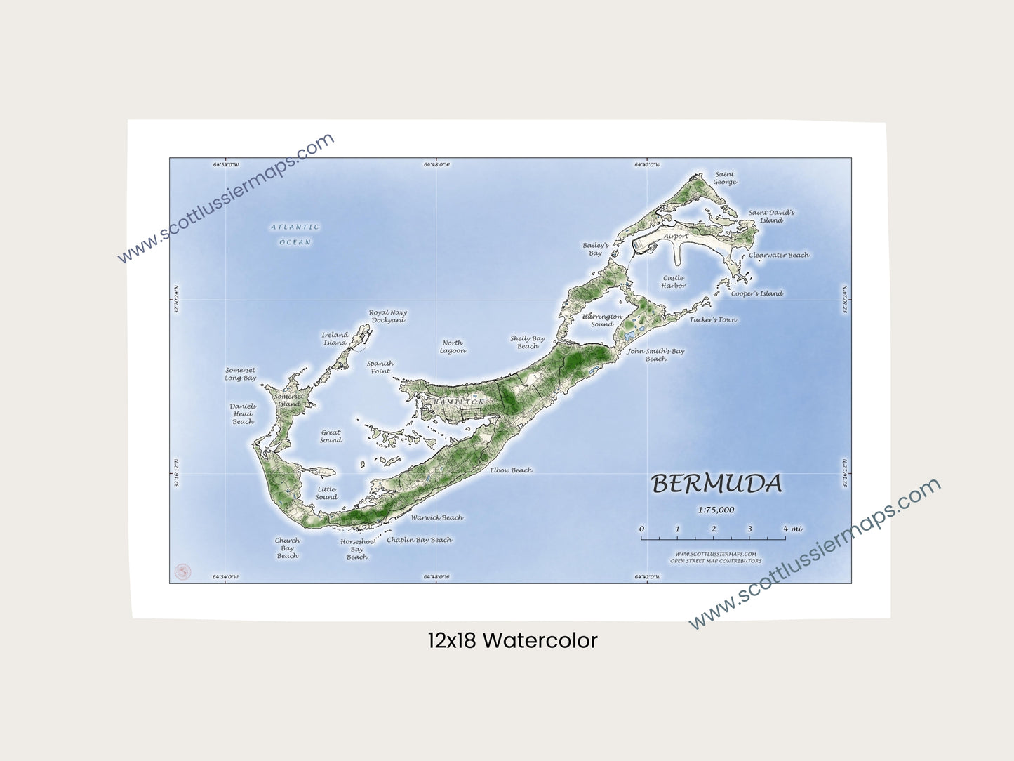 Bermuda Map Art Print Wall Decor Travel Memory Navigate Colorful Ocean Sail Water Home Dorm Work SHORELINE or WATERCOLOR Style