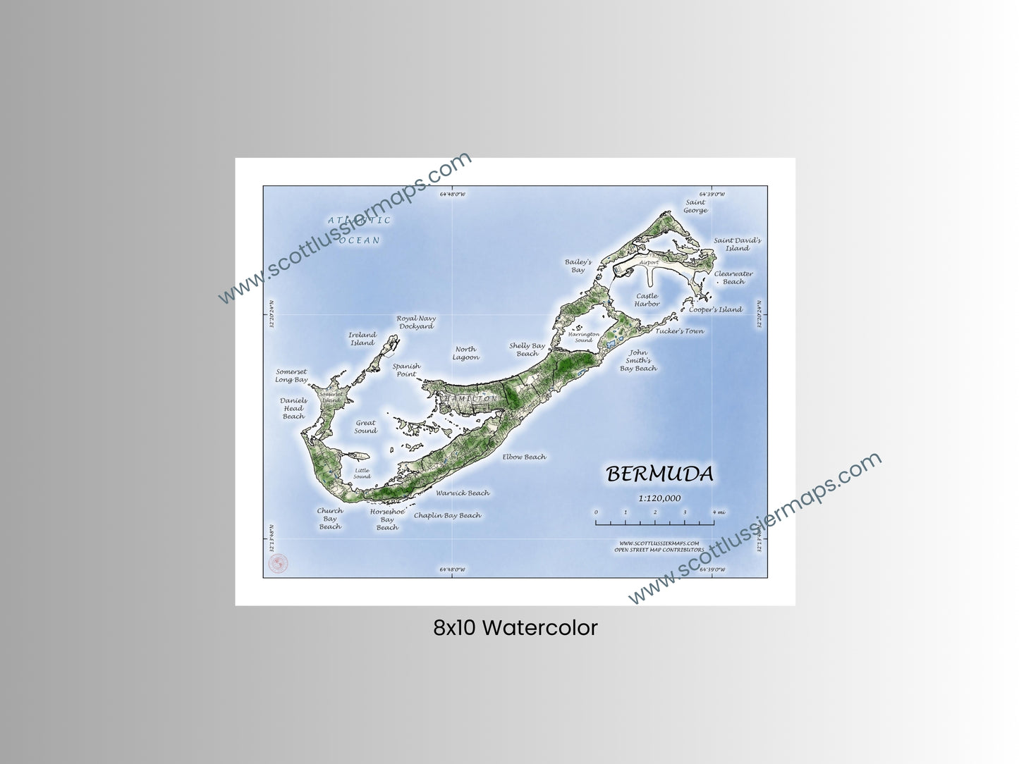 Bermuda Map Art Print Wall Decor Travel Memory Navigate Colorful Ocean Sail Water Home Dorm Work SHORELINE or WATERCOLOR Style