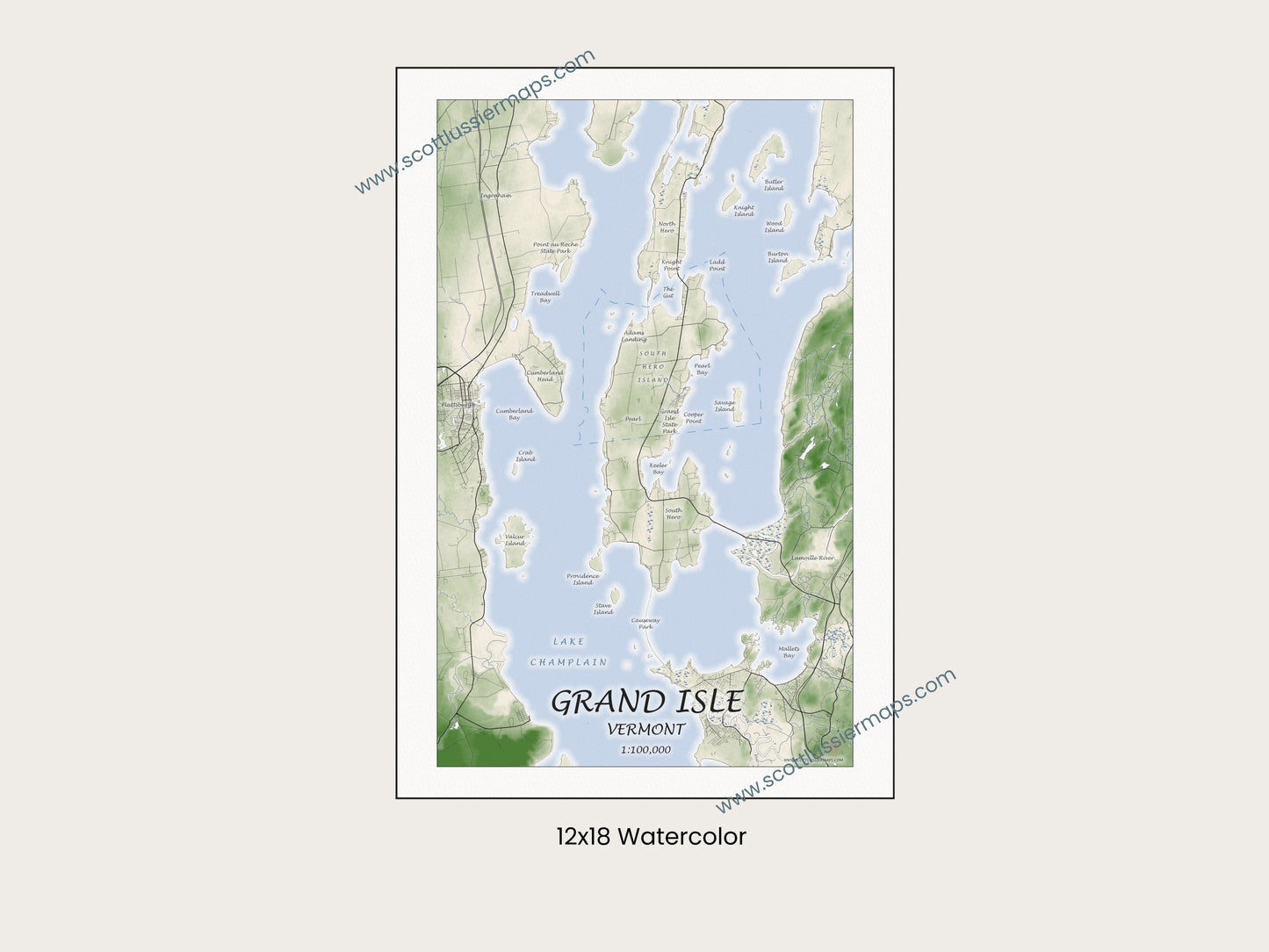 Grand Isle Vermont WATERCOLOR Map Art Print