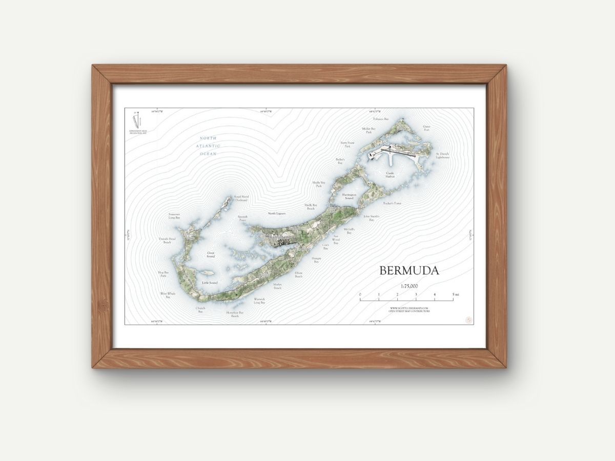 Bermuda Map Art Print Wall Decor Travel Memory Navigate Colorful Ocean Sail Water Home Dorm Work SHORELINE or WATERCOLOR Style