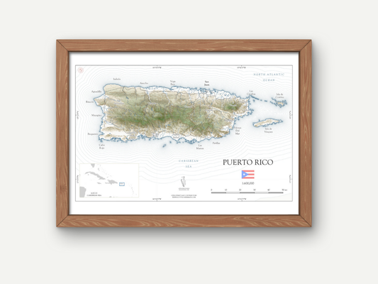 Puerto Rico Map Art Print Wall Decor Travel Memory Navigate Colorful Ocean Sail Water Home Dorm Work SHORELINE or VINTAGE Style 0625