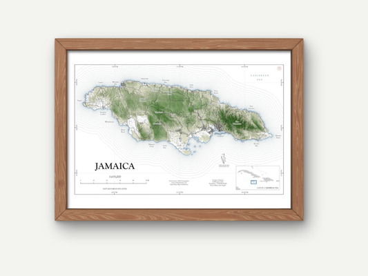 Jamaica Map Art Print Wall Decor Travel Memory Navigate Colorful Ocean Sail Water Home Dorm Work SHORELINE or WATERCOLOR Style
