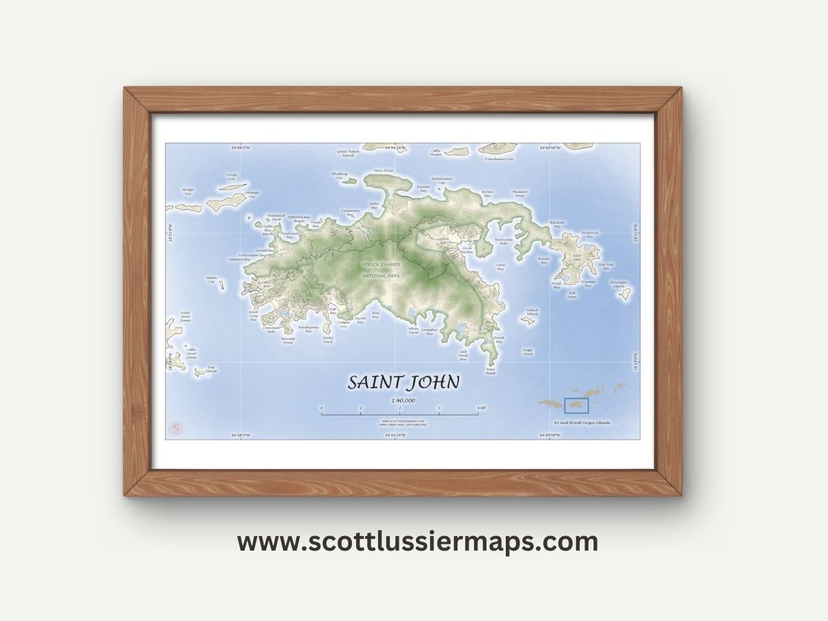 St John USVI Map Art Print Watercolor Style