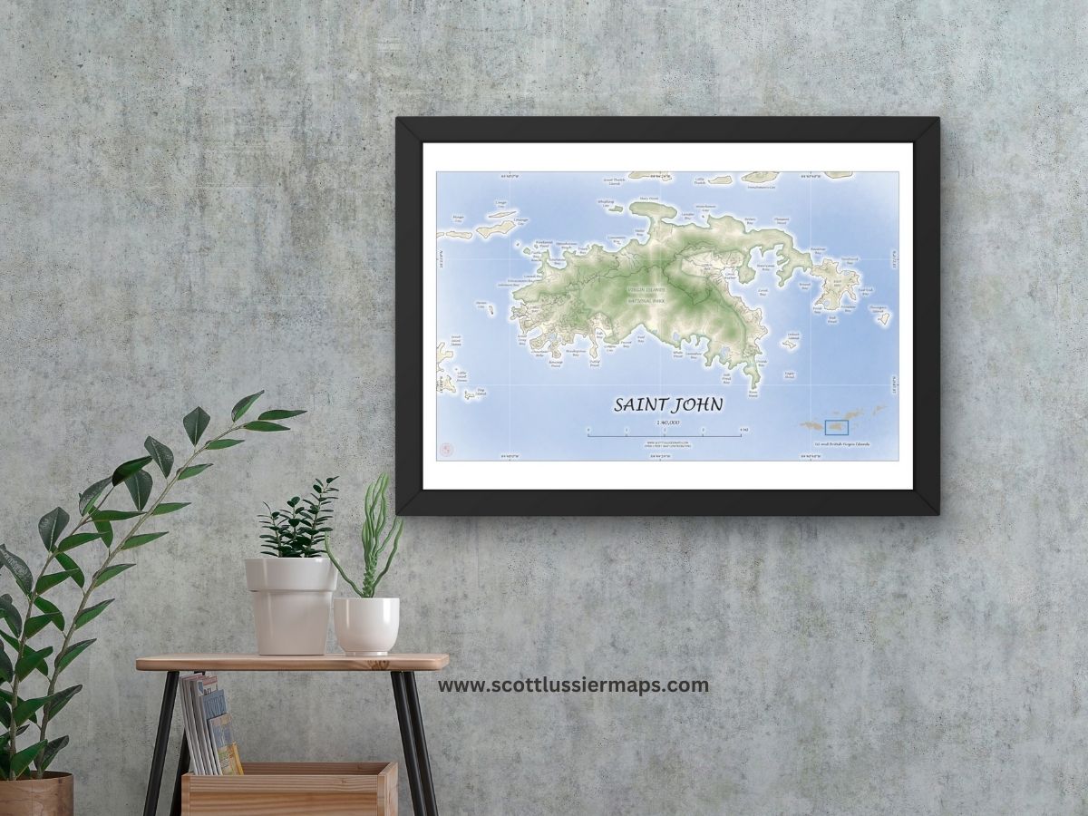 St John USVI Map Art Print Watercolor Style