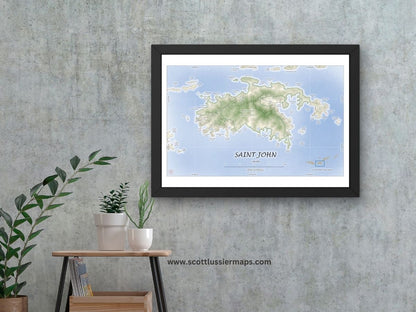 St John USVI Map Art Print Watercolor Style