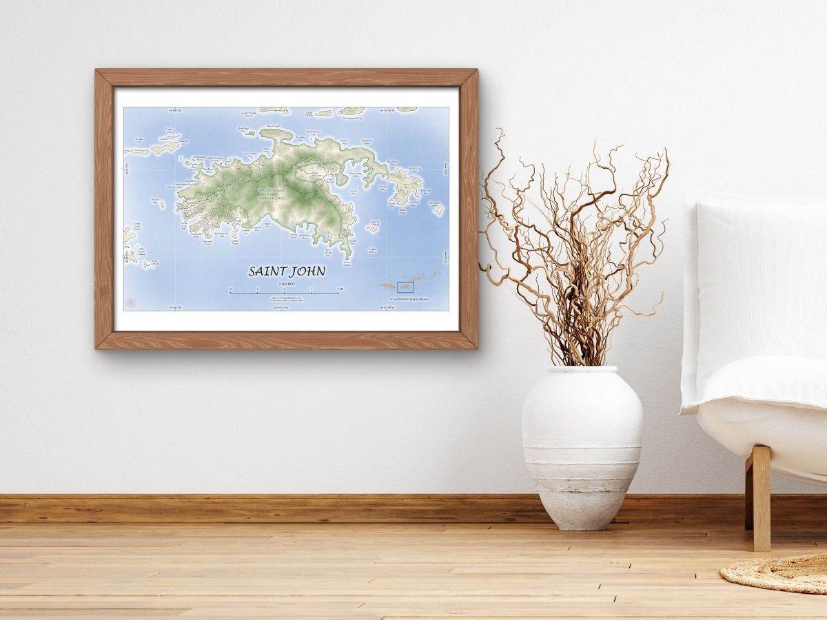 St John USVI Map Art Print Watercolor Style