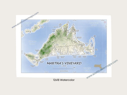 Martha's Vineyard Massachusetts Cape Cod WATERCOLOR Map Art Print 0225