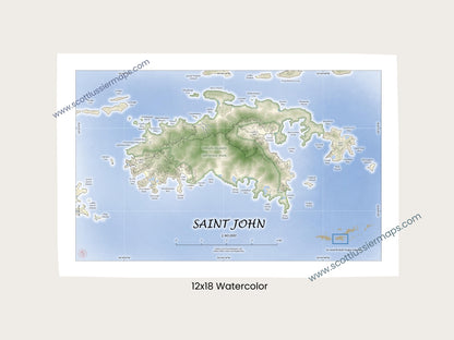 St John USVI Map Art Print Watercolor Style