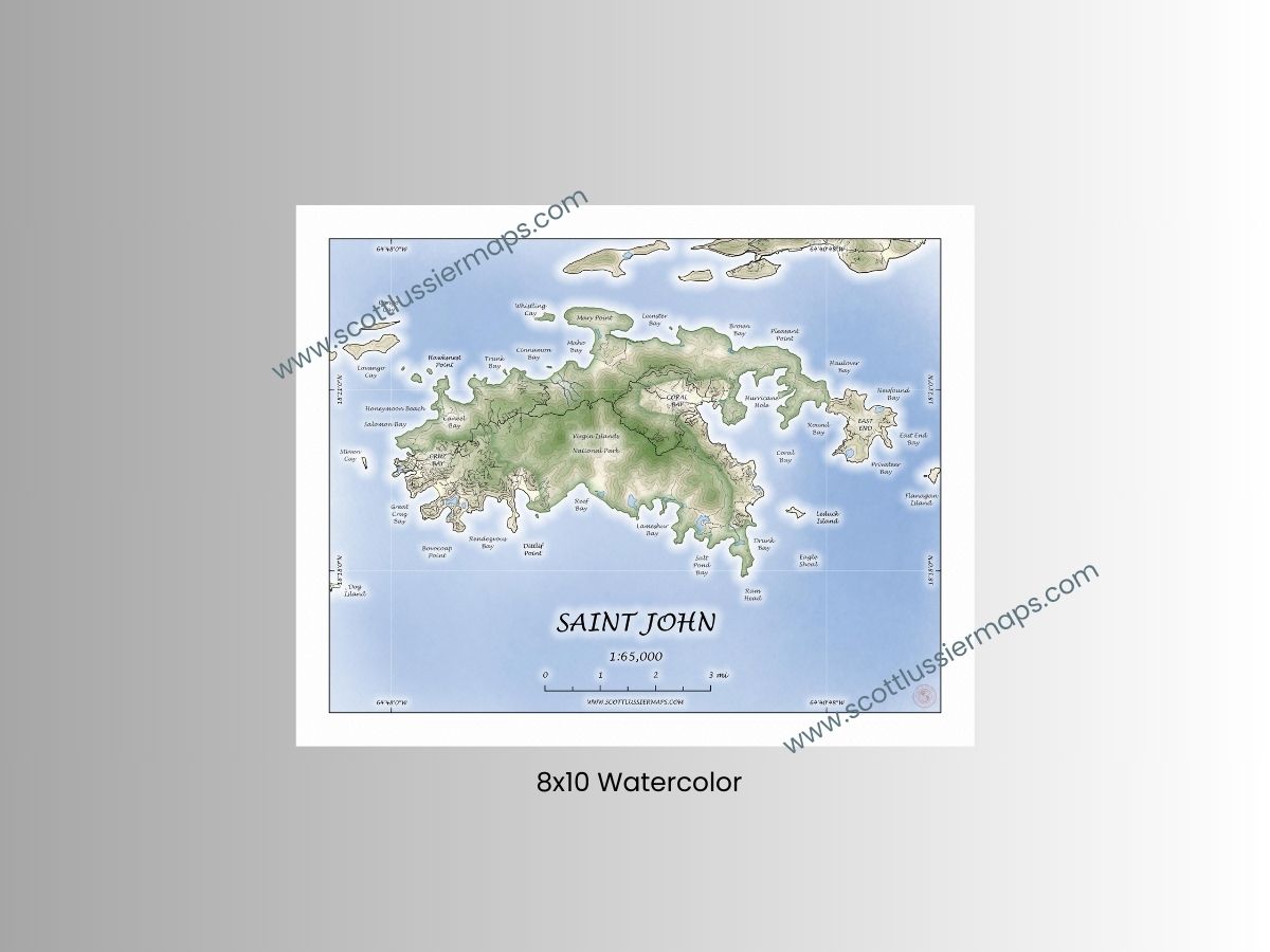 St John USVI Map Art Print Watercolor Style