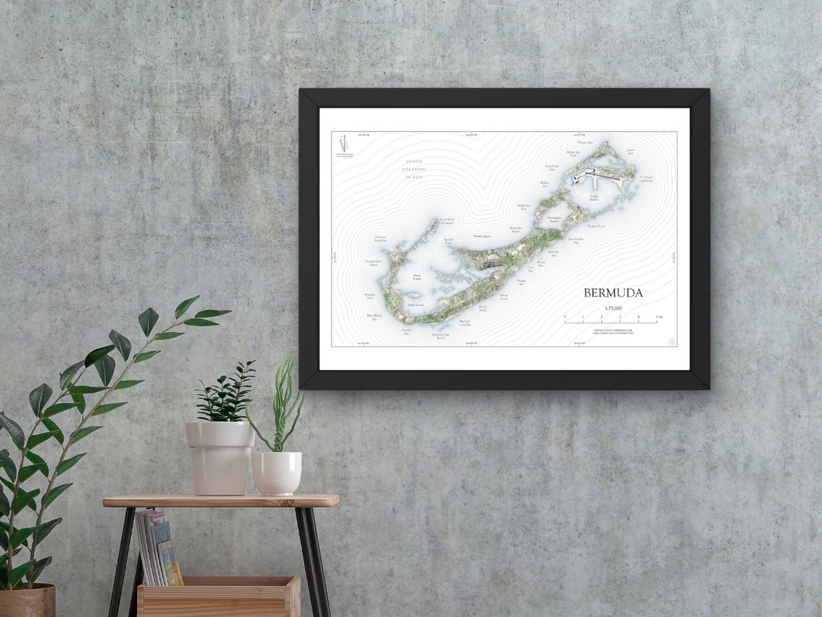 Bermuda Map Art Print Wall Decor Travel Memory Navigate Colorful Ocean Sail Water Home Dorm Work SHORELINE or WATERCOLOR Style