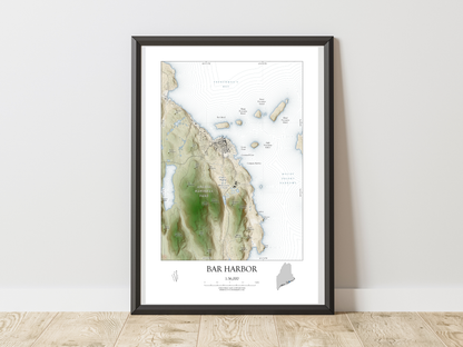 Bar Harbor Maine Map Art Print SHORELINE OR VINTAGE avail in two sizes 0625
