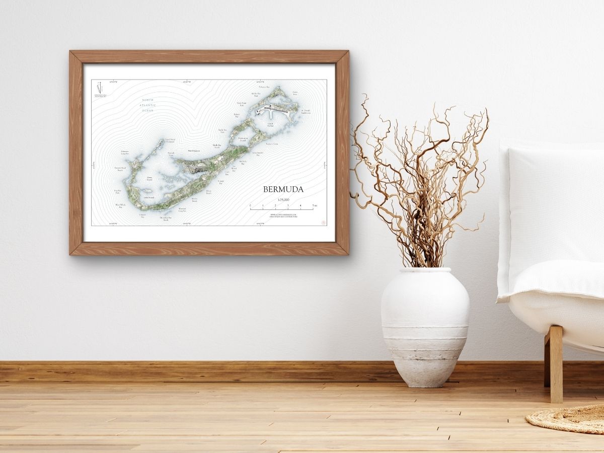 Bermuda Map Art Print Wall Decor Travel Memory Navigate Colorful Ocean Sail Water Home Dorm Work SHORELINE or WATERCOLOR Style