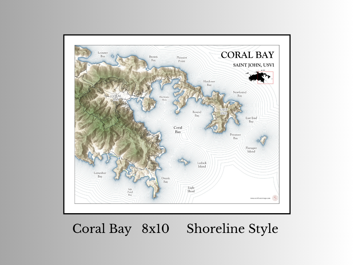 Coral Bay St John USVI Map Art Print Wall Decor Travel Memory Navigate Colorful Ocean Sail Water Home Dorm Work SHORELINE Style