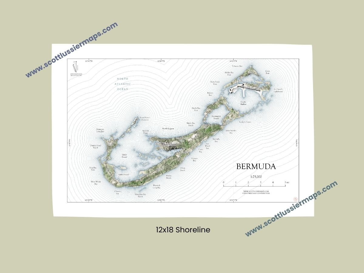 Bermuda Map Art Print Wall Decor Travel Memory Navigate Colorful Ocean Sail Water Home Dorm Work SHORELINE or WATERCOLOR Style