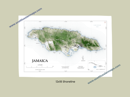 Jamaica Map Art Print Wall Decor Travel Memory Navigate Colorful Ocean Sail Water Home Dorm Work SHORELINE or WATERCOLOR Style