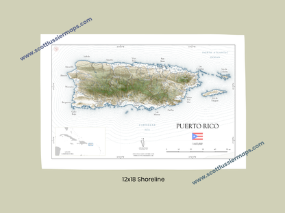Puerto Rico Map Art Print Wall Decor Travel Memory Navigate Colorful Ocean Sail Water Home Dorm Work SHORELINE or VINTAGE Style 0625