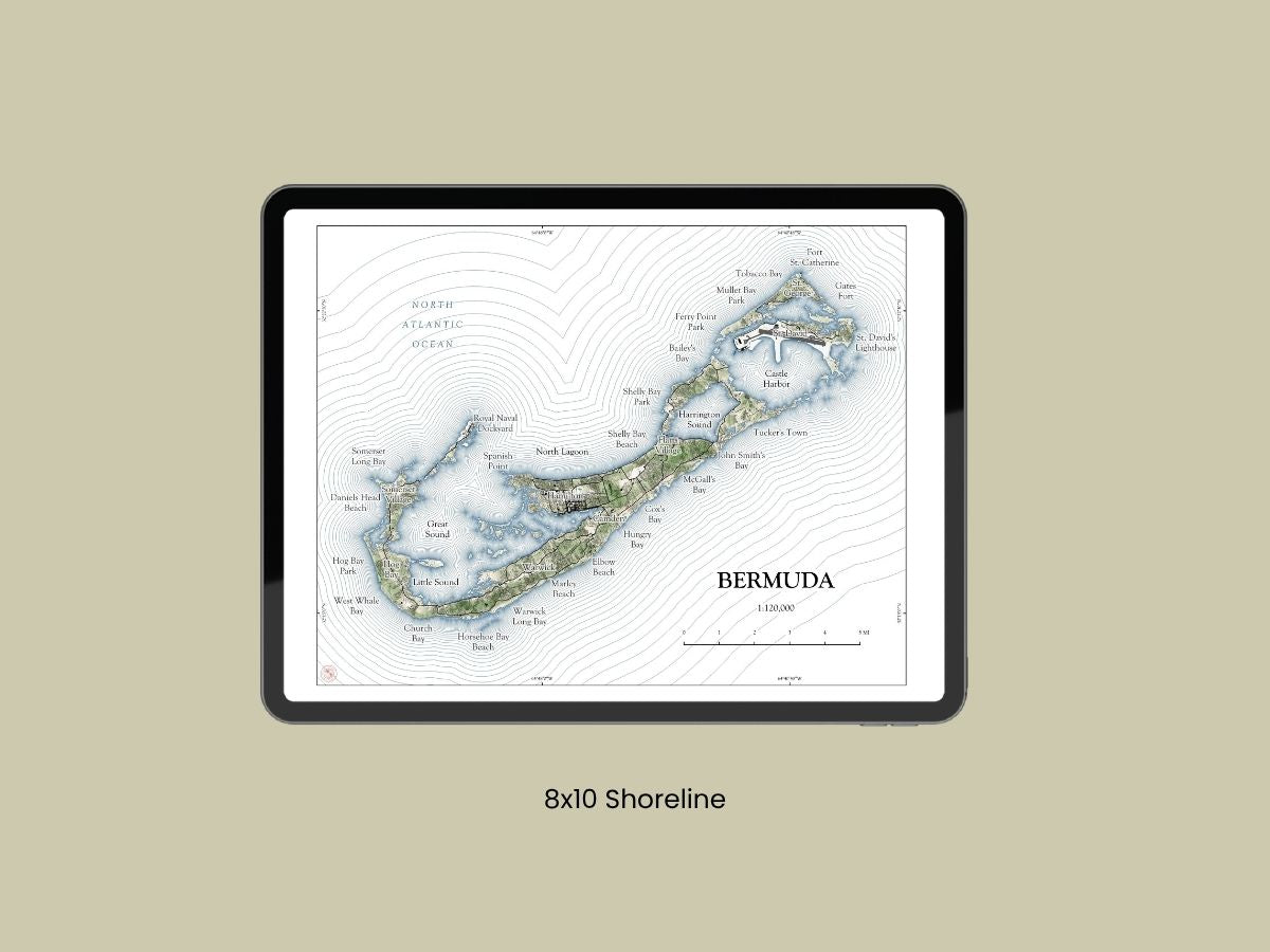 Bermuda Map Art Print Wall Decor Travel Memory Navigate Colorful Ocean Sail Water Home Dorm Work SHORELINE or WATERCOLOR Style