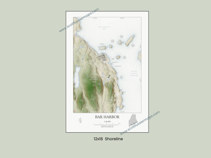 Bar Harbor Maine Map Art Print SHORELINE OR VINTAGE avail in two sizes 0625