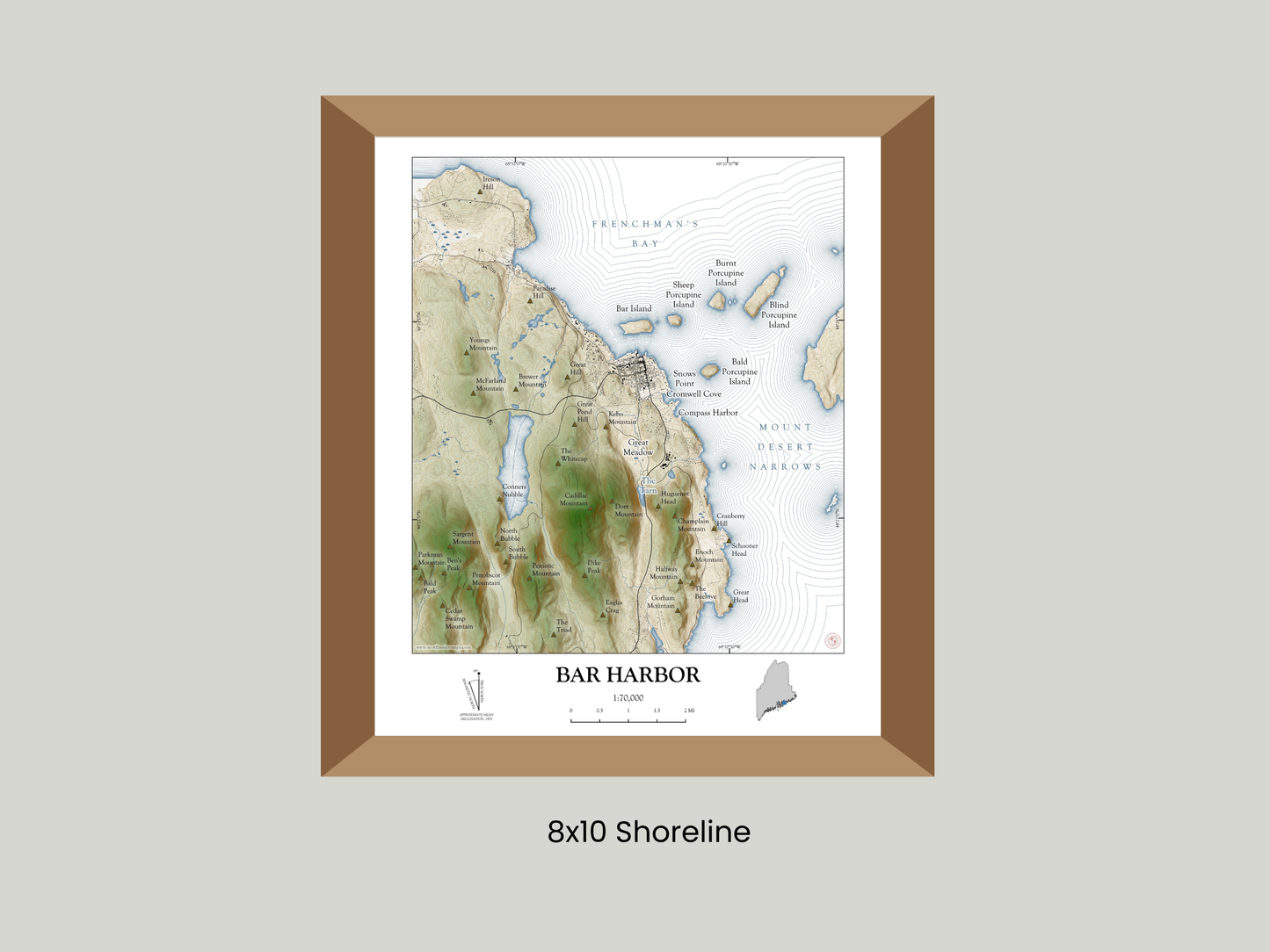 Bar Harbor Maine Map Art Print SHORELINE OR VINTAGE avail in two sizes 0625