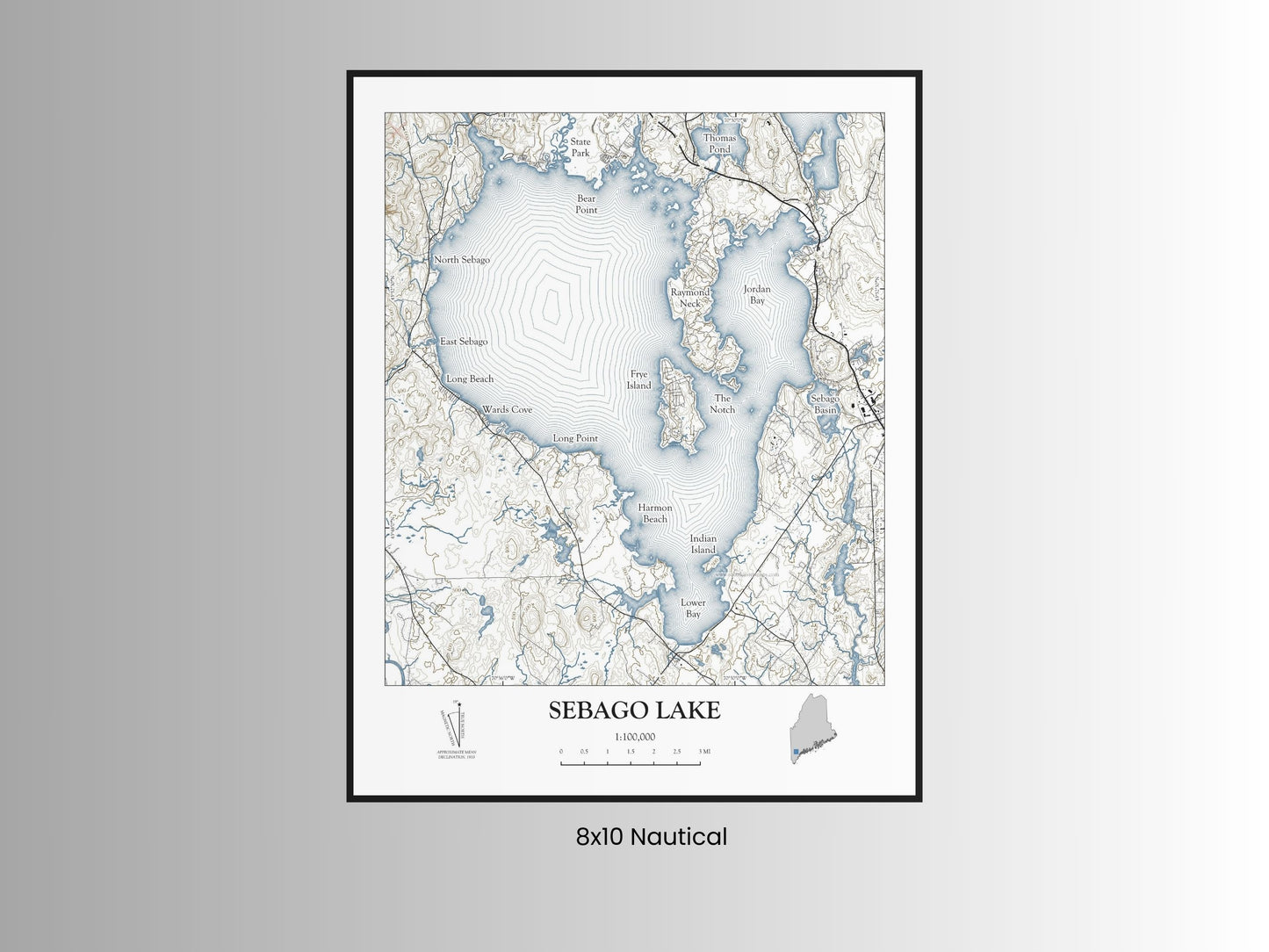 Sebago Lake Maine NAUTICAL Map Art Print 0225