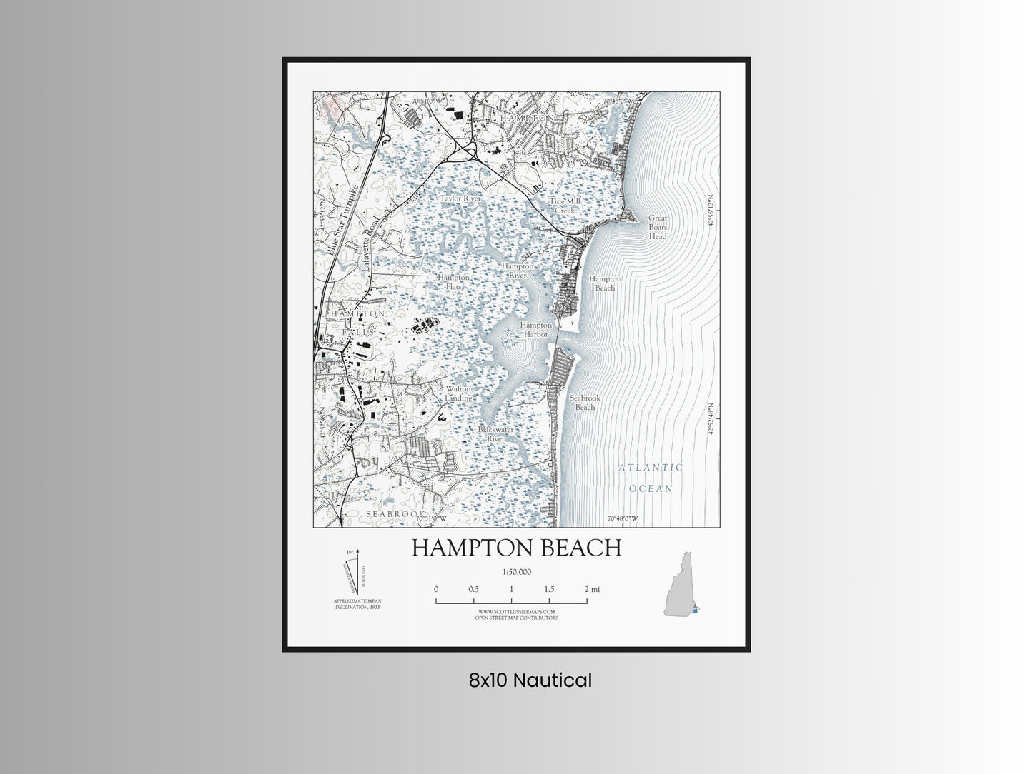 Hampton Beach New Hampshire NAUTICAL Map Art Print 0225