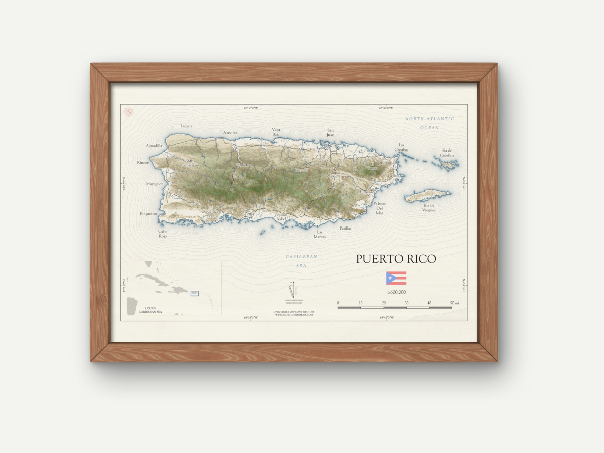 Puerto Rico Map Art Print Wall Decor Travel Memory Navigate Colorful Ocean Sail Water Home Dorm Work SHORELINE or VINTAGE Style 0625