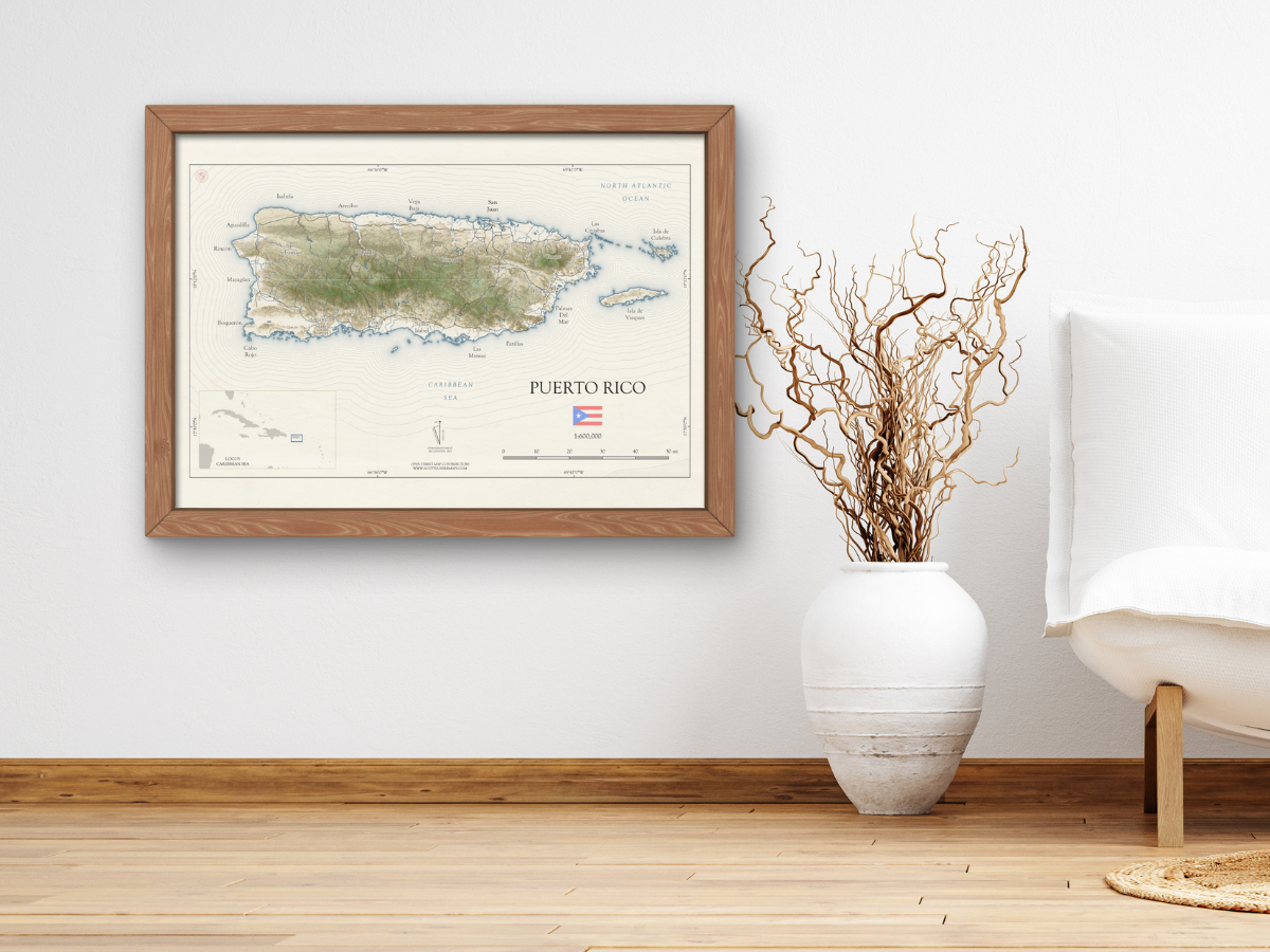 Puerto Rico Map Art Print Wall Decor Travel Memory Navigate Colorful Ocean Sail Water Home Dorm Work SHORELINE or VINTAGE Style 0625