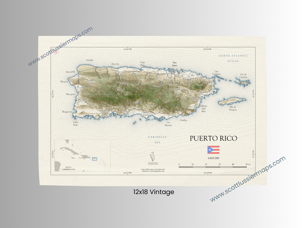 Puerto Rico Map Art Print Wall Decor Travel Memory Navigate Colorful Ocean Sail Water Home Dorm Work SHORELINE or VINTAGE Style 0625